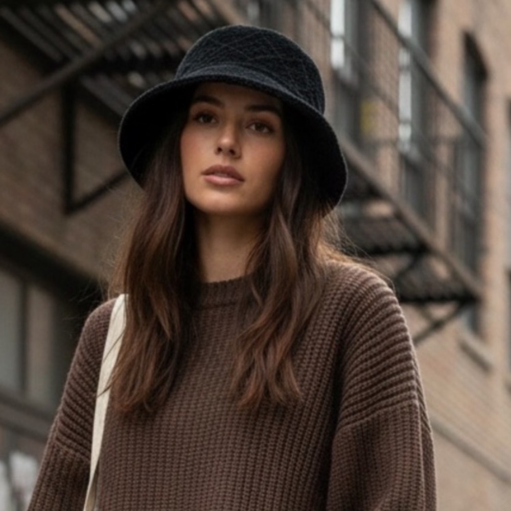 Textured Interconnected Diamond Shape Downward Slant 90s Brim Bucket Hat